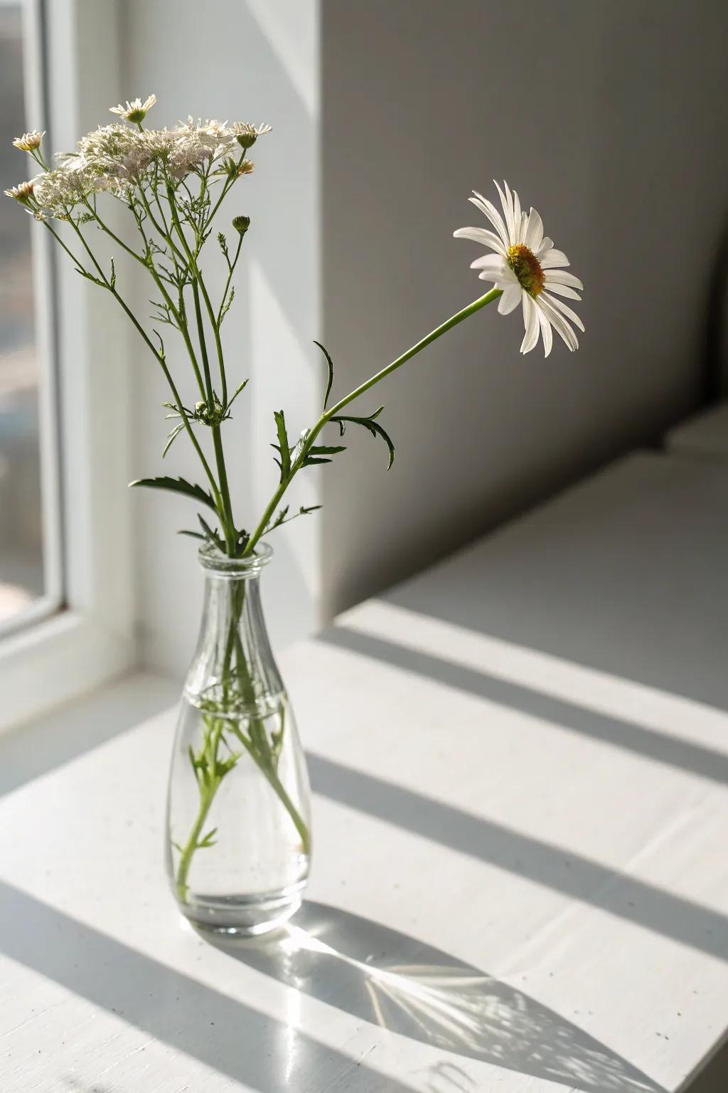 A single wildflower stem in a slim vase makes a minimalist statement.