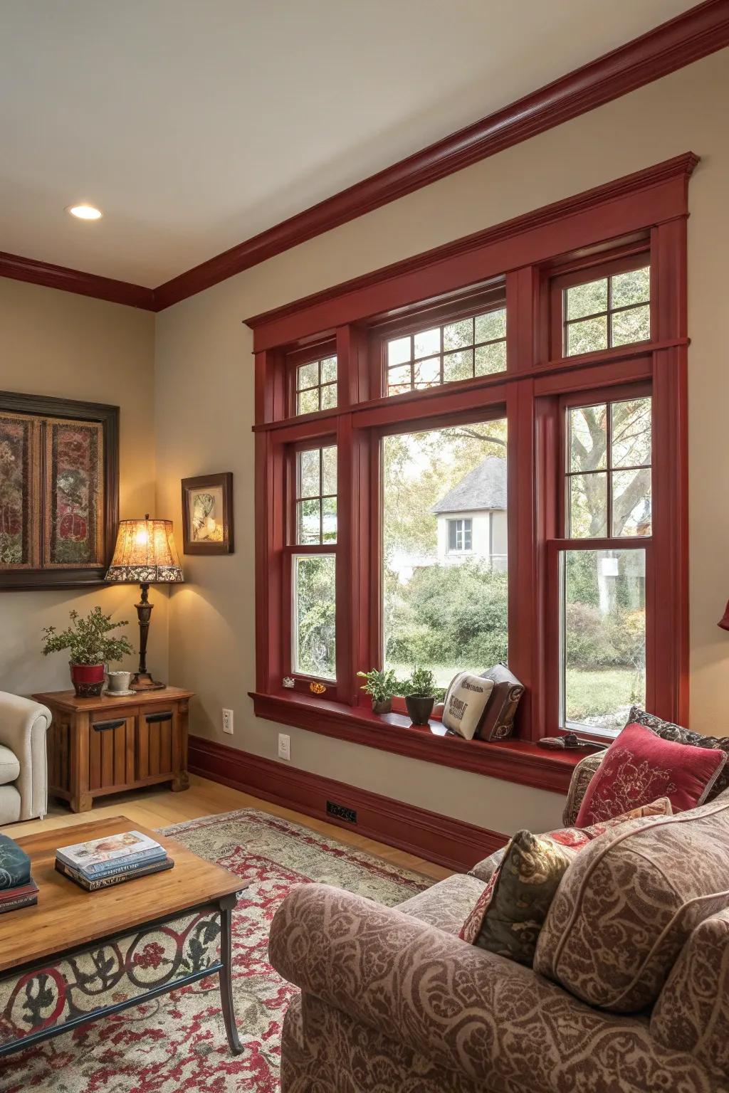 Deep red trim makes a bold statement in a living room.