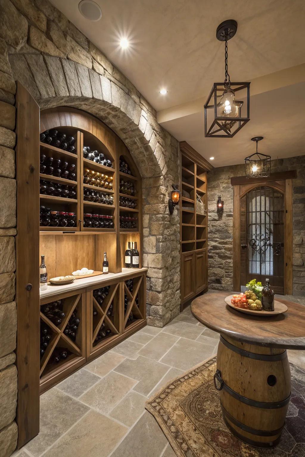 Warm accent lighting enriches stone and wood elements.