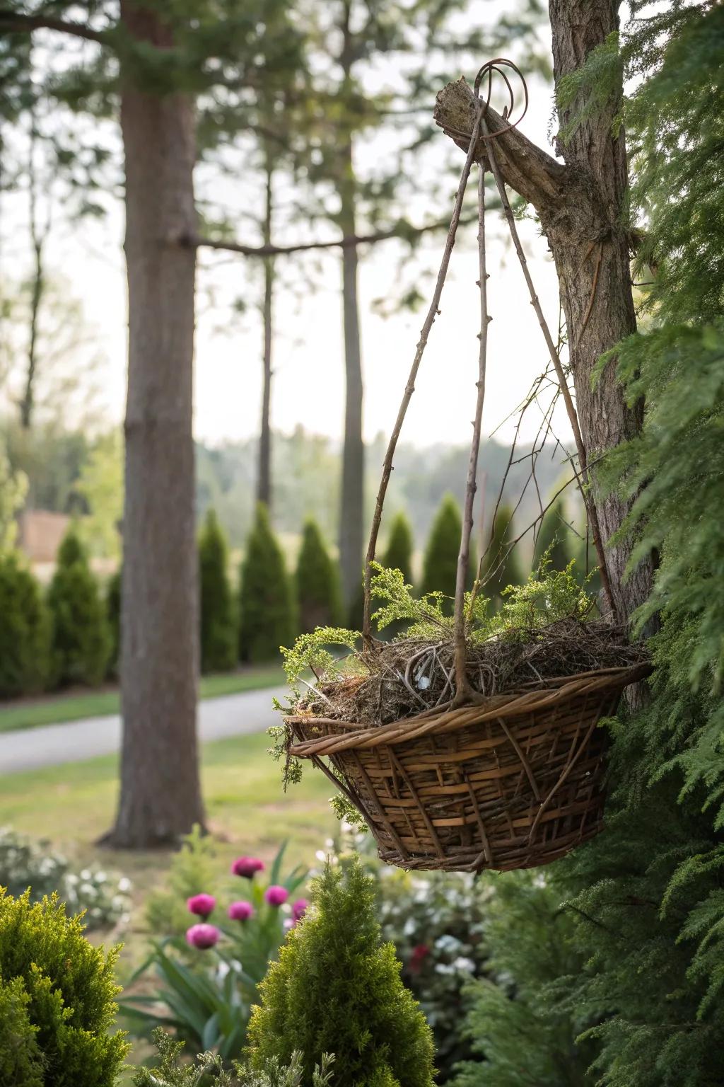 Twigs add a rustic element to winter baskets.