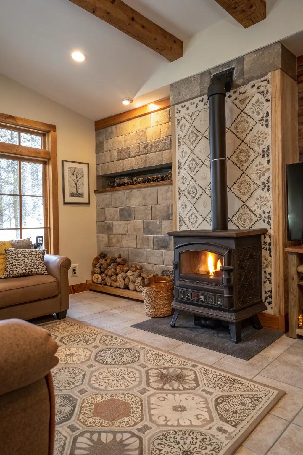 Mixing tile textures and styles offers a unique and personalized wood stove surround.