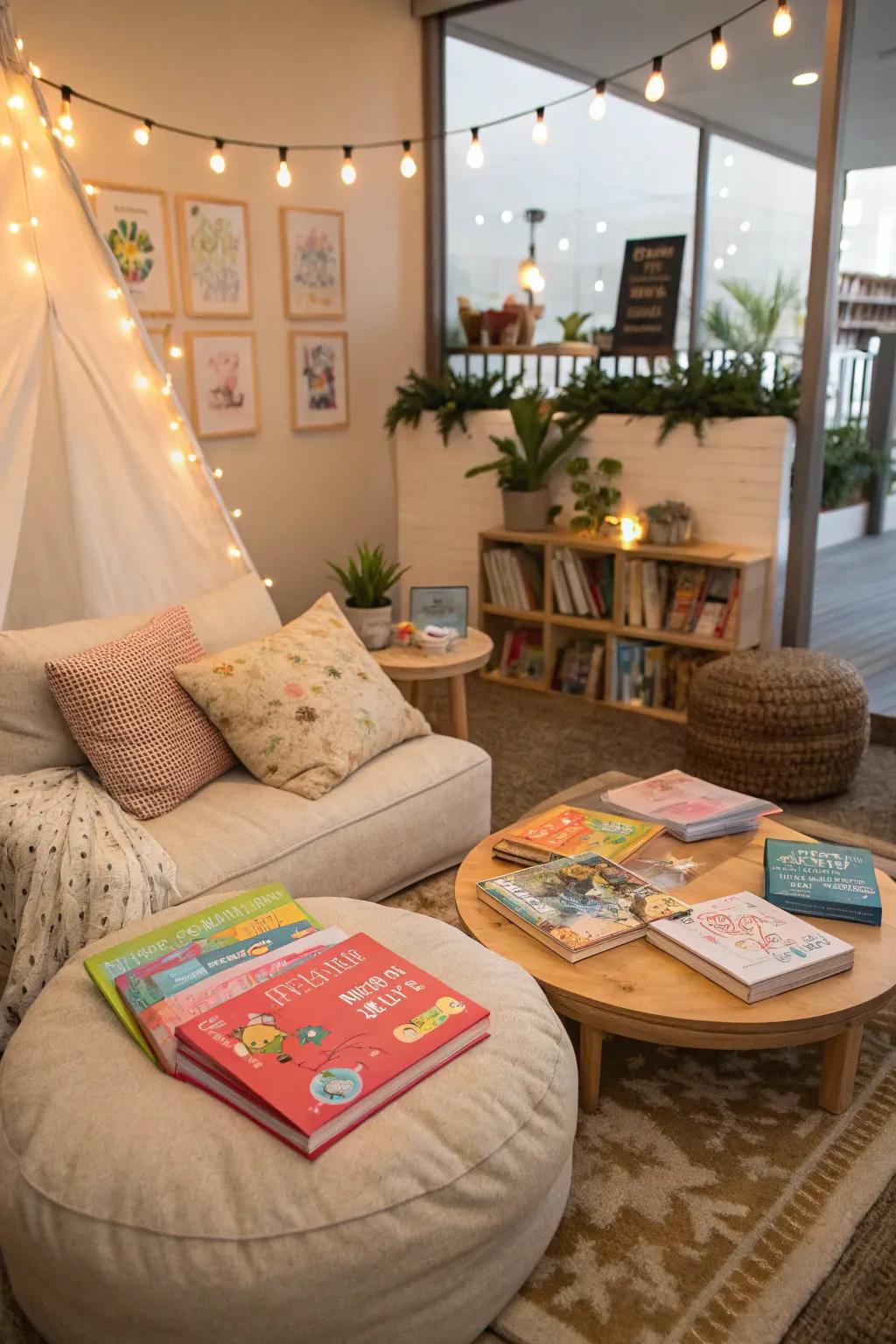 A storytime corner invites children to escape into their favorite tales.