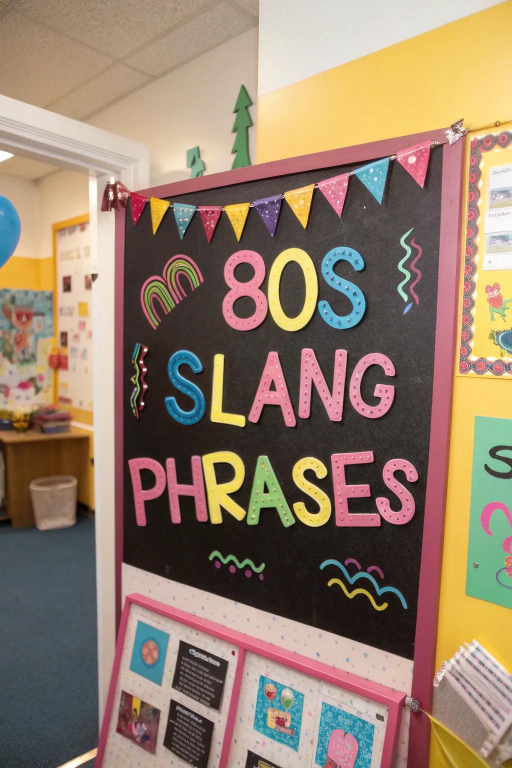 80s slang phrases on a bulletin board in playful fonts.