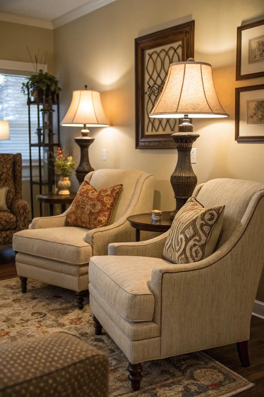 Accent chairs and lamps add balance and functionality.