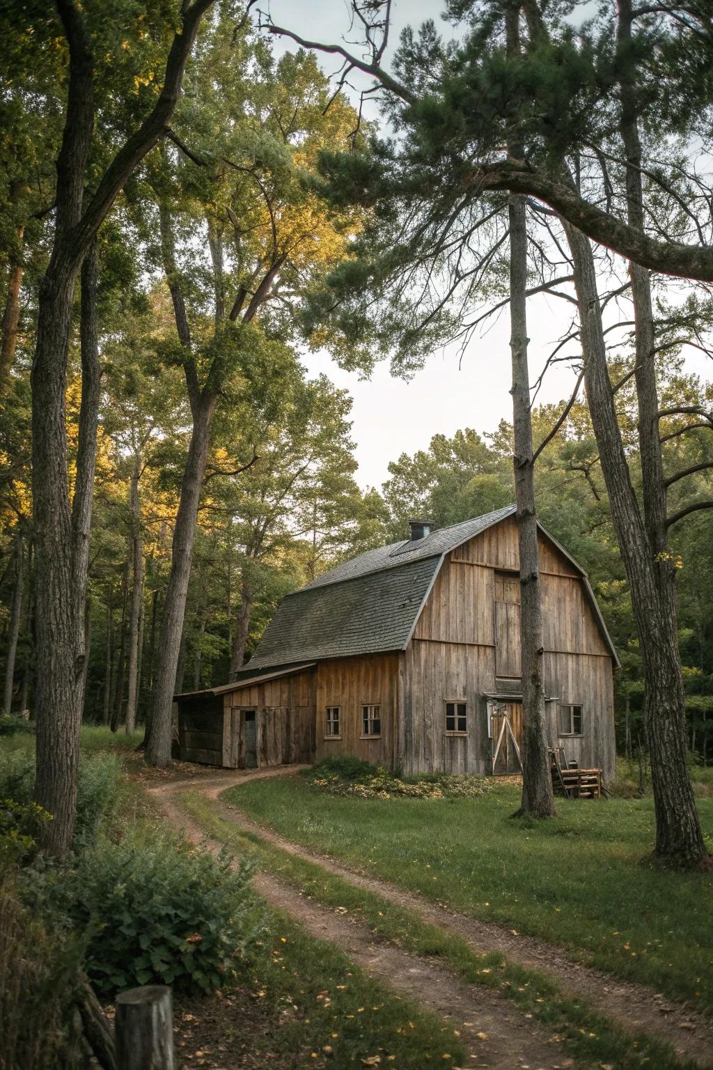 A woodland barn retreat offers a peaceful escape into nature.