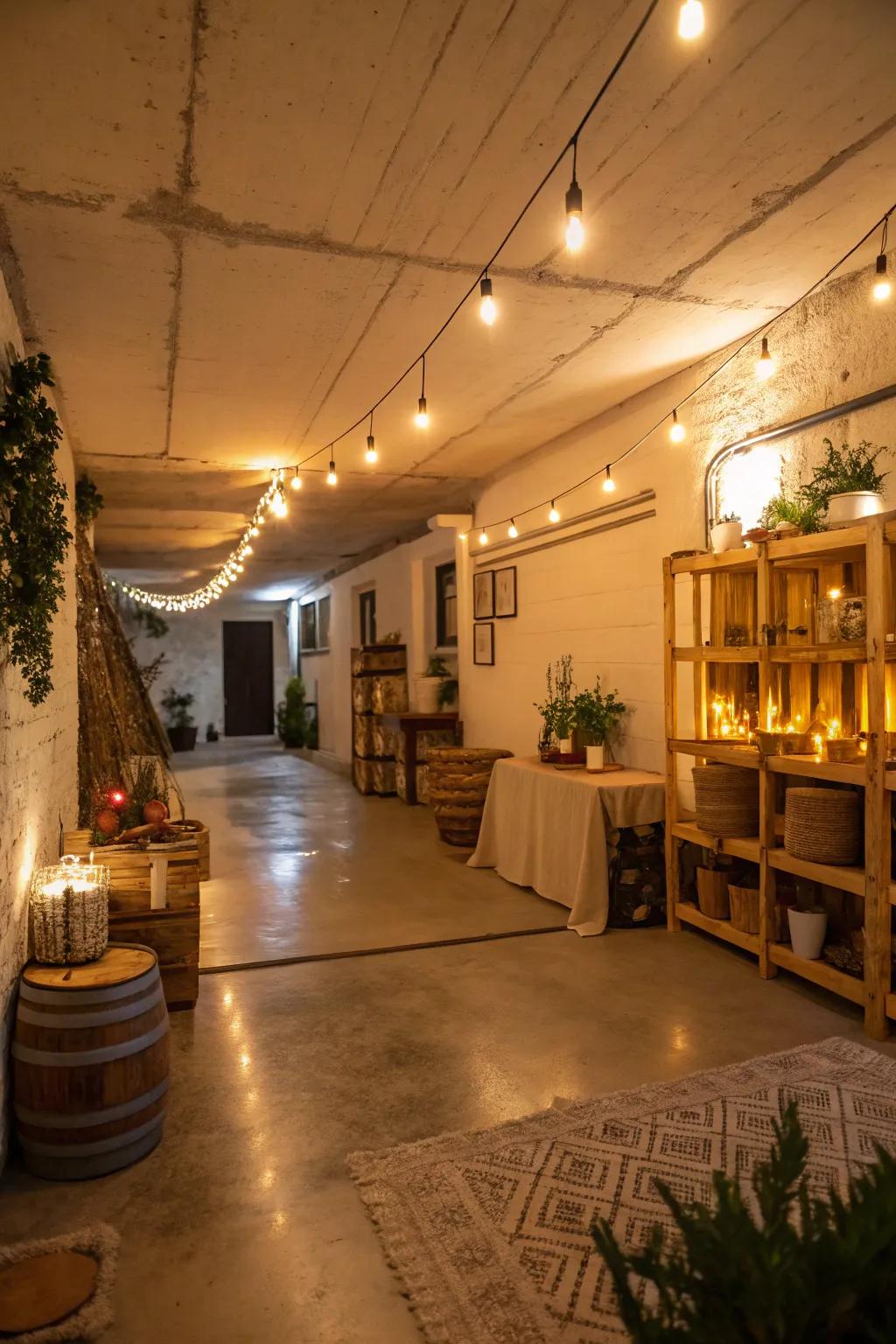 A well-lit basement that feels inviting and warm.