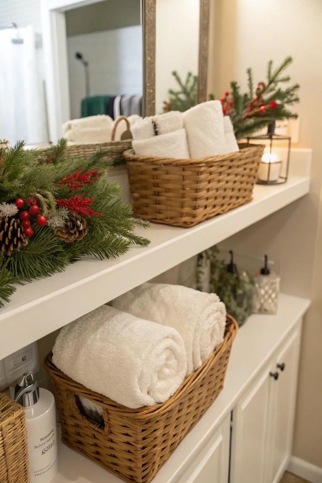 Decorative baskets combine storage with festive flair.