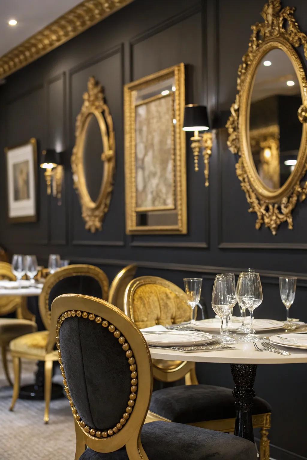 Black walls create a dramatic and sophisticated dining environment.