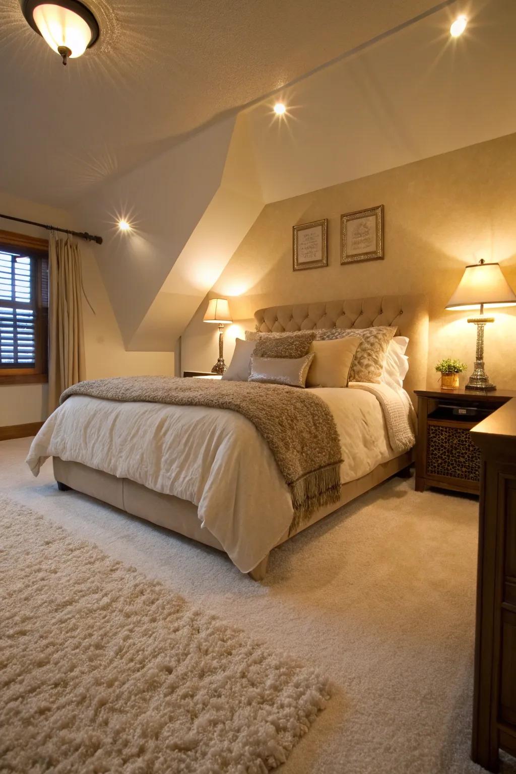 Carpet flooring creates a cozy and inviting bedroom atmosphere.