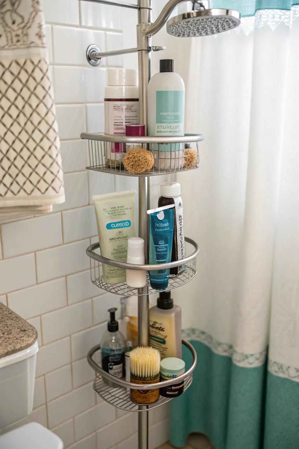 Maximize vertical space with a pole-style shower caddy.