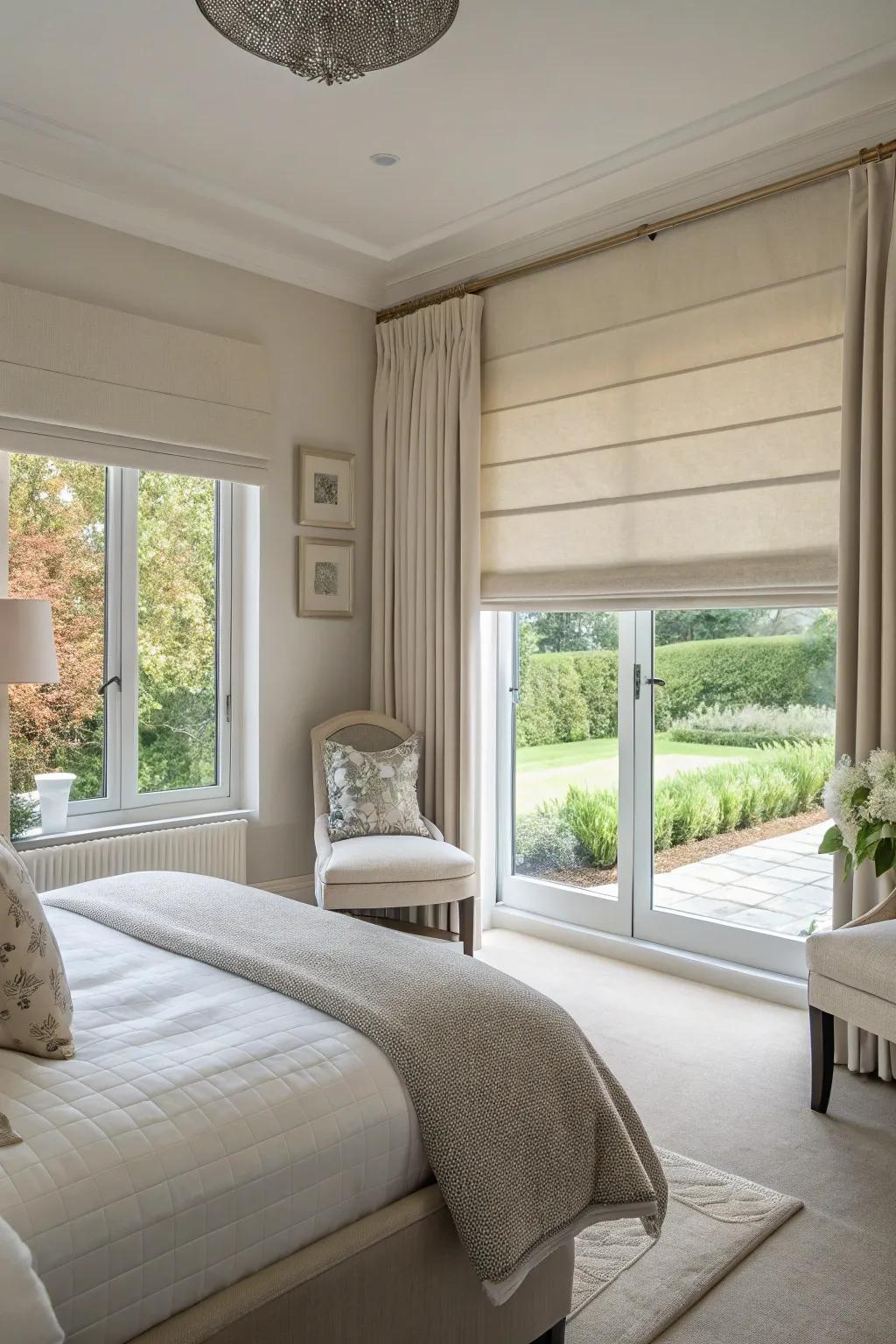 Smart blinds in a bedroom adjust to the perfect level, balancing privacy and natural light beautifully.