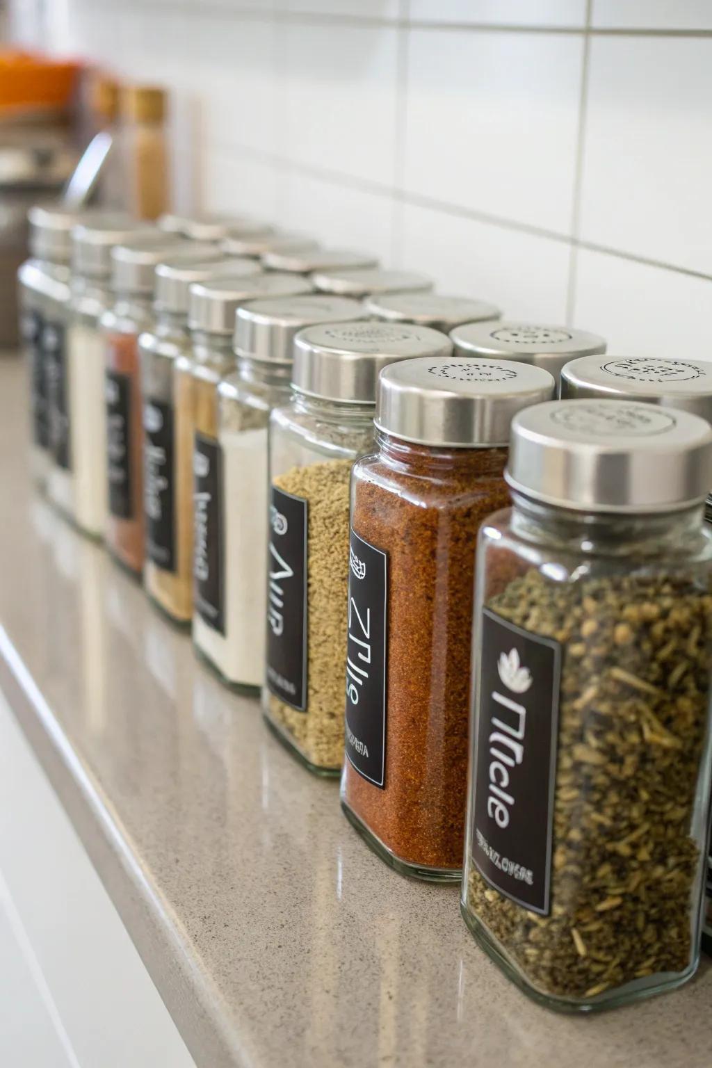 Uniform glass jars for a cohesive spice display.