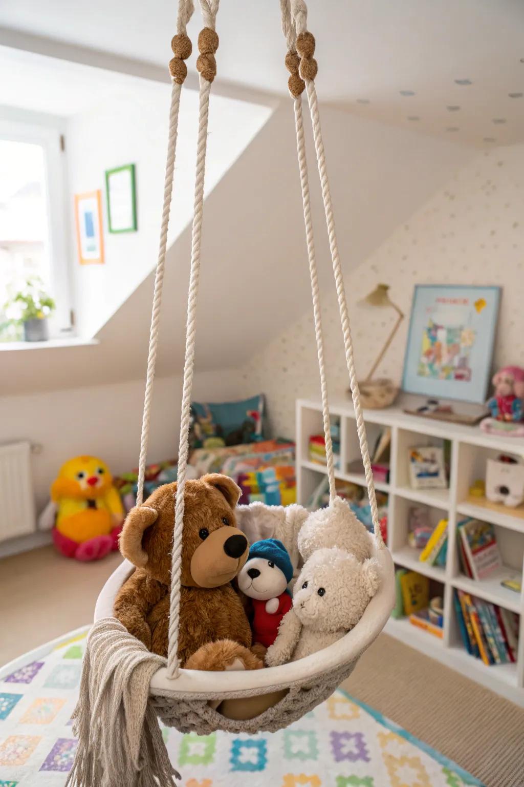 A swing offers a whimsical way to display stuffed toys.