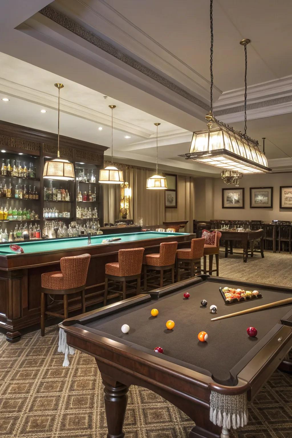 A bar area enhances the social aspect of your billiard hall.