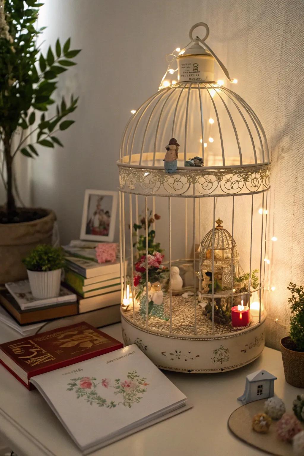 A bird cage transformed into a whimsical vignette.