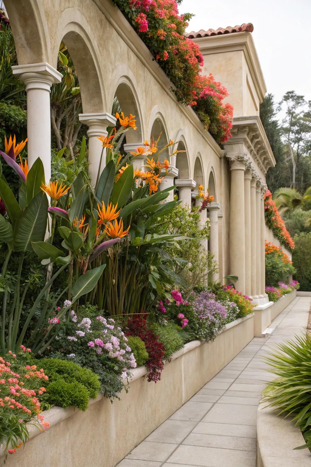 Bird of Paradise adds color and interest to garden structures.