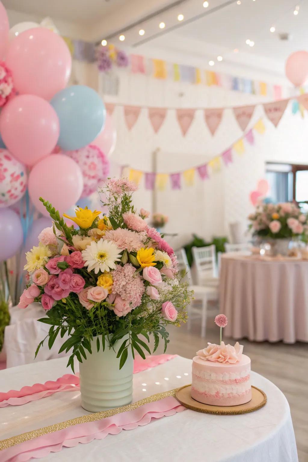 Stunning floral accents giving refinement to a birthday bash décor.