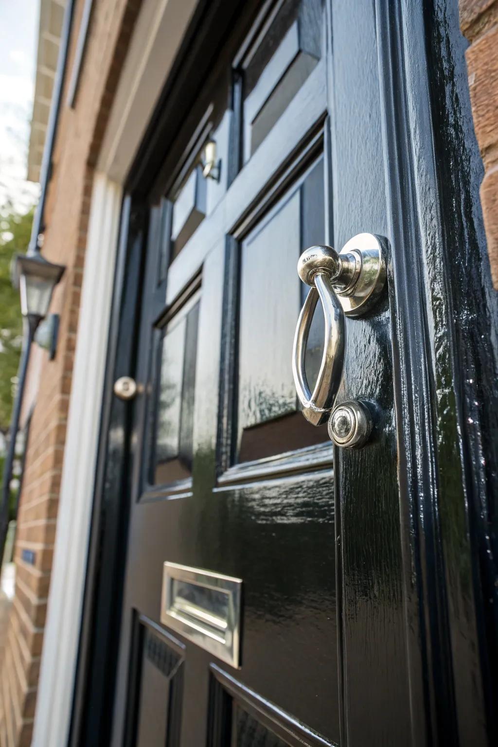 A minimalist metallic handle accentuating a black door's elegance.