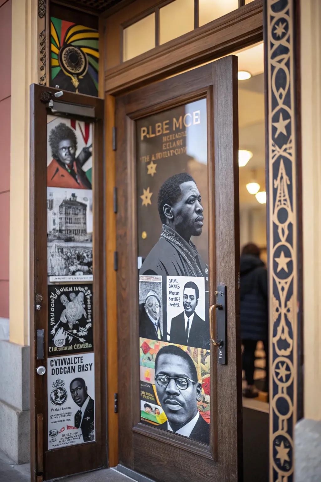 A cultural collage door celebrating a continuum of Black achievements.