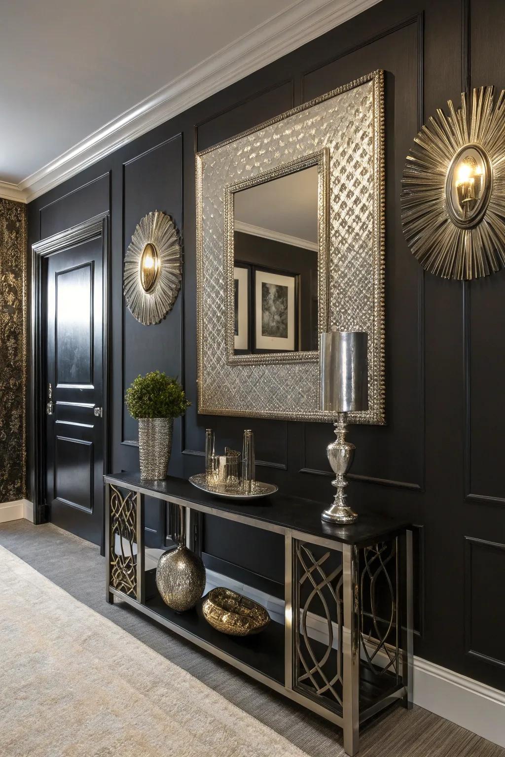 Mirrors and metallic accents on a black wall.