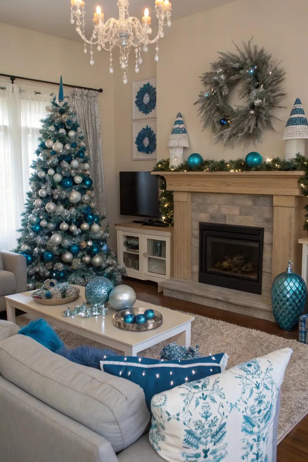Holiday aesthetic in blue and silver delivers a festive accent to this refined family room.