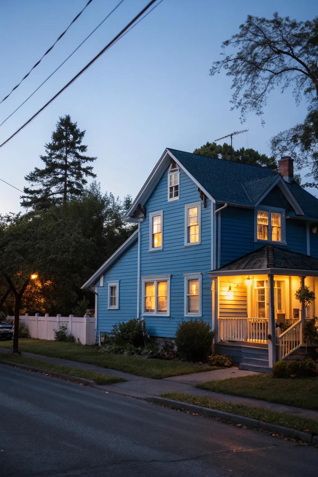 Soft lighting enhances curb appeal at night.