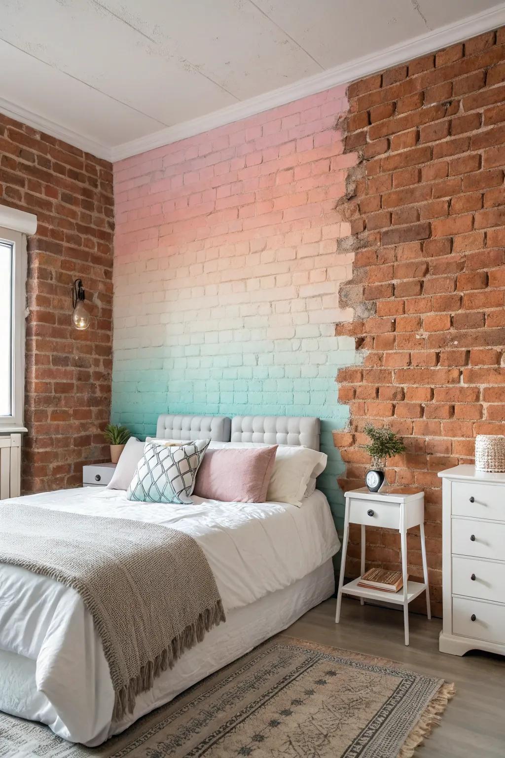 Pastel gradient mural adds a calming ambiance to a brick wall.