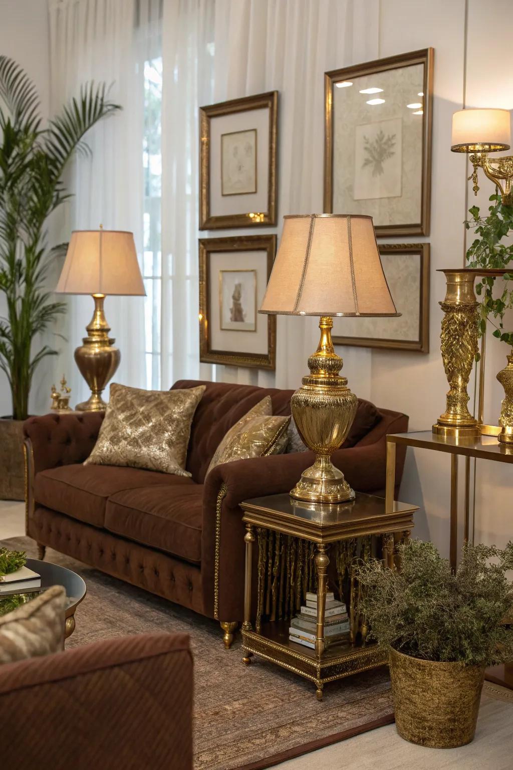 Metallic accents add a touch of glamour to brown decor.