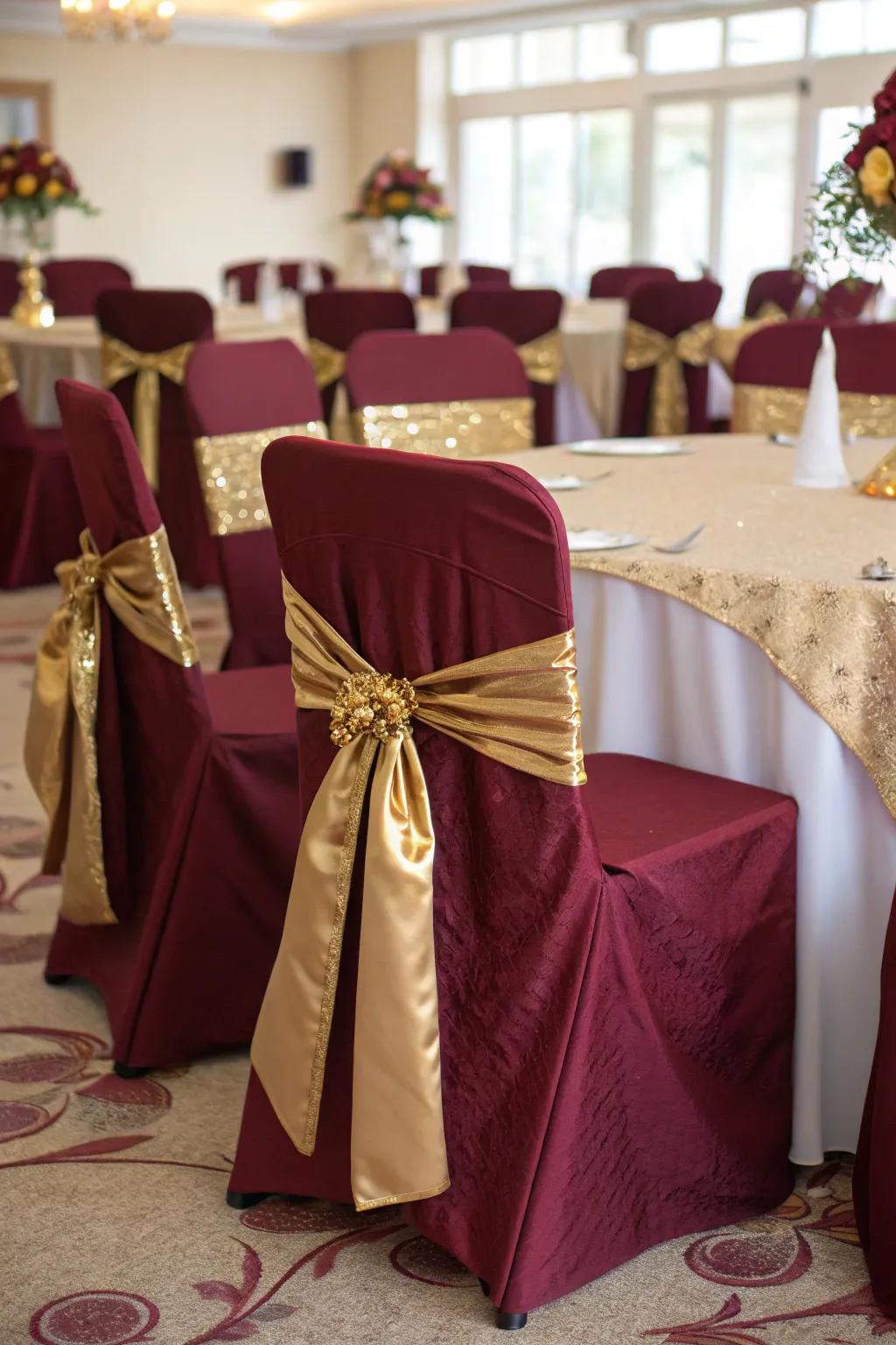 Charming seating covers in wine and glimmer introduce an impression of grace to your seating.