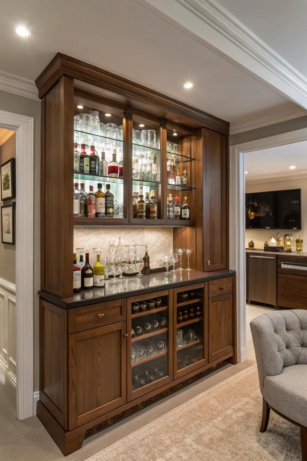 A hidden bar adds an element of surprise and practicality.