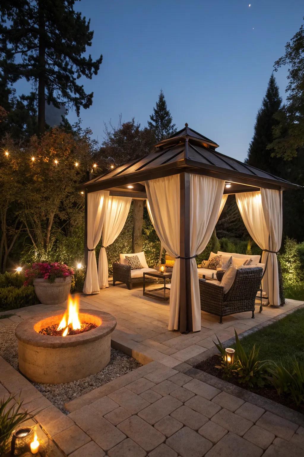 A welcoming cabana featuring a warm fire lounge area.