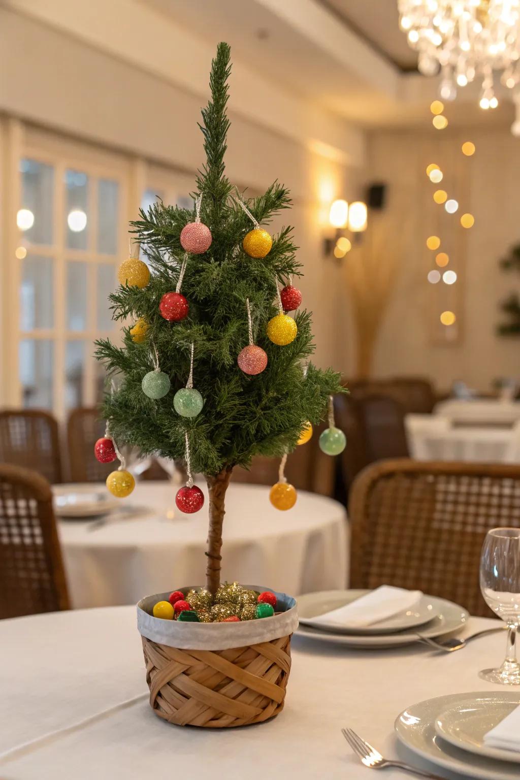 A candy tree decorated with hanging candies creates a whimsical look.