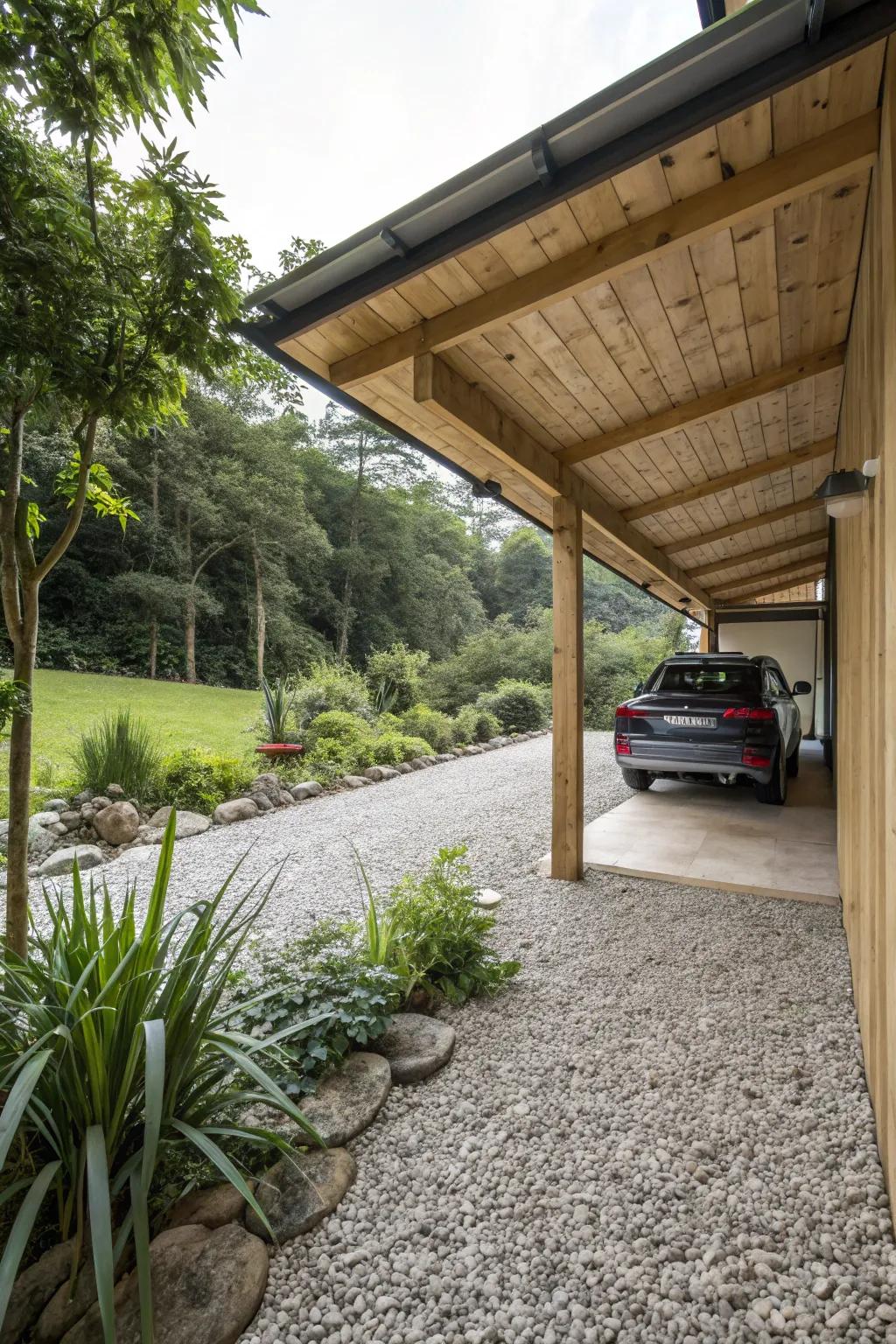 Gravel flooring offers an eco-friendly, rustic appeal.