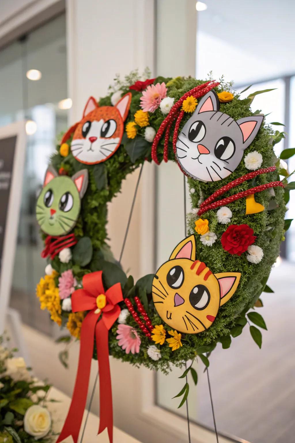 A whimsical cartoonish cat face wreath for a playful vibe.