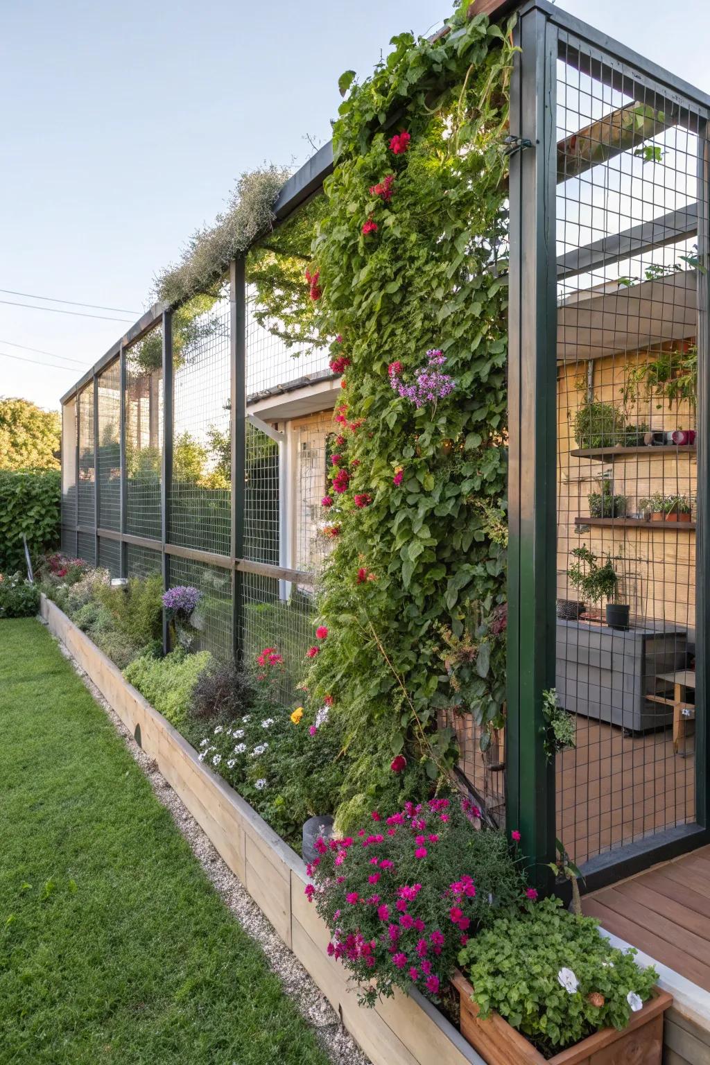 A lush vertical garden in a catio, providing a stunning and interactive environment for cats.