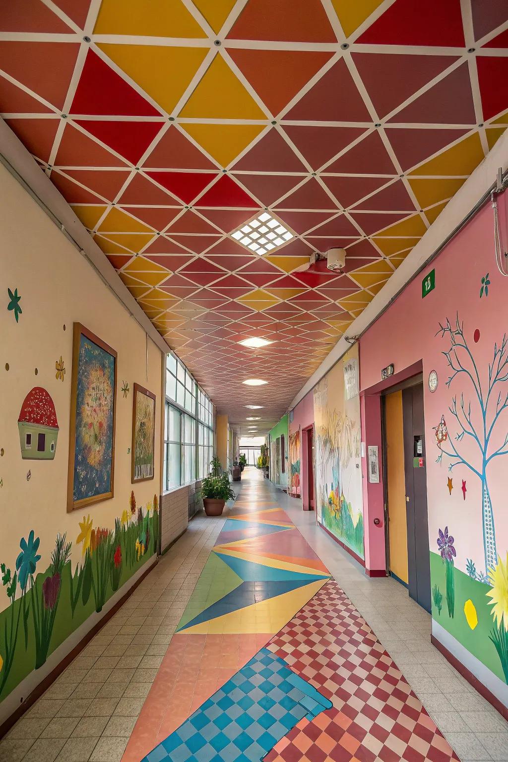 Introduce playful patterns with geometric ceiling finishes.