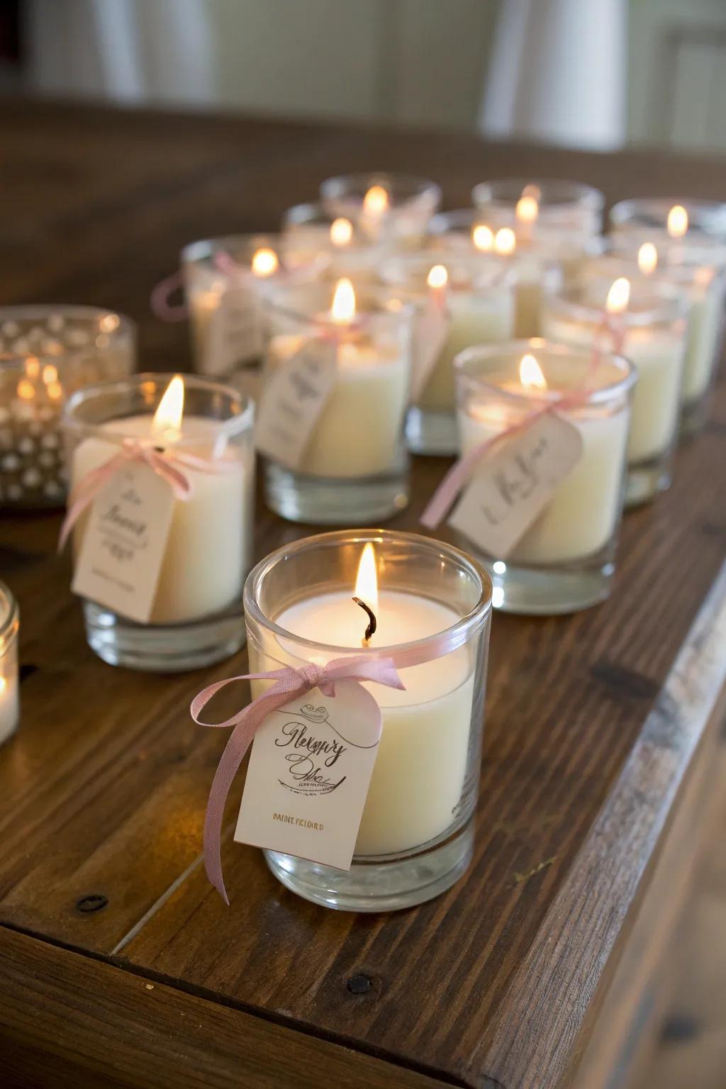 Customized candles illuminate your wedding favors beautifully.