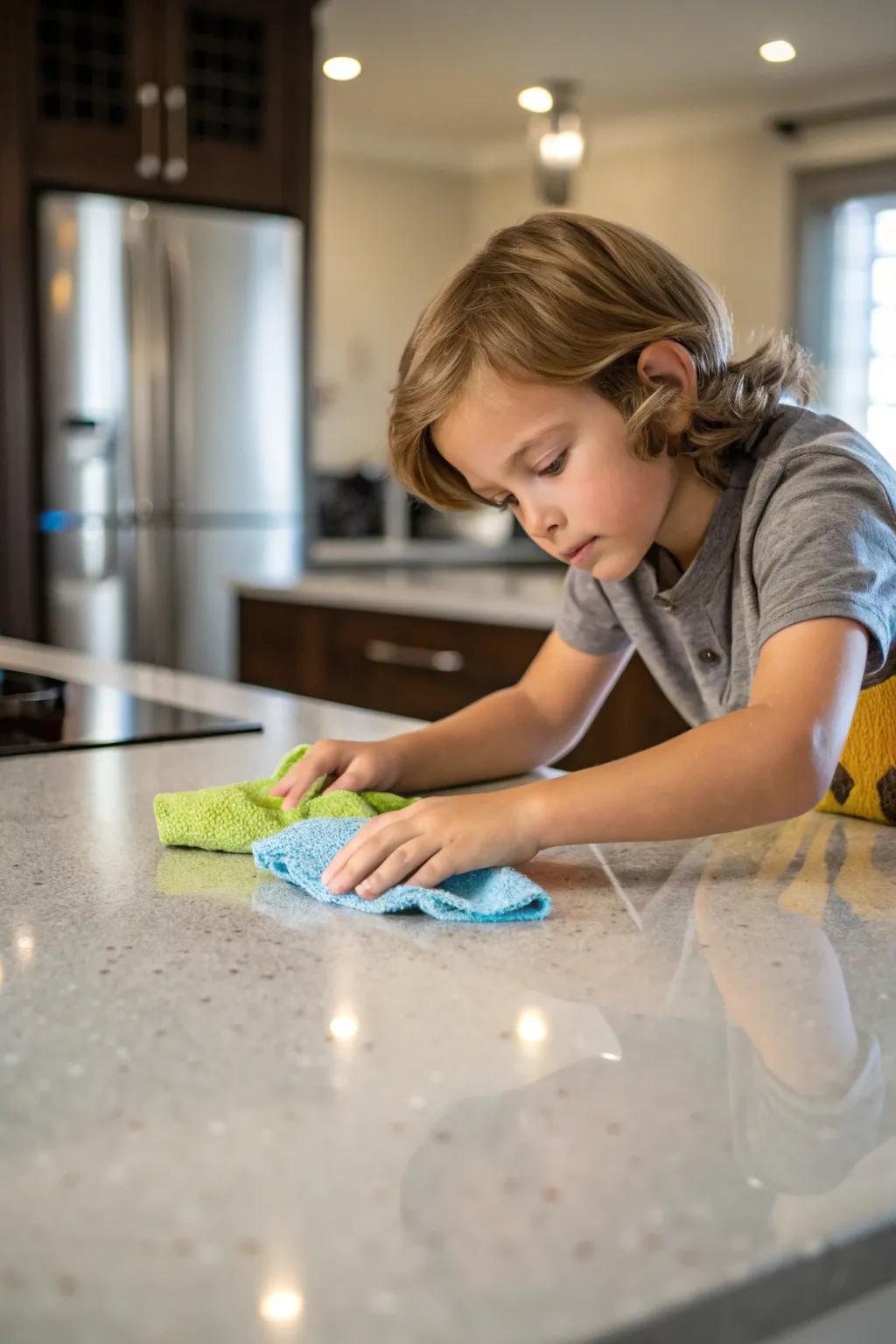 A child cleaning surfaces, learning about hygiene.