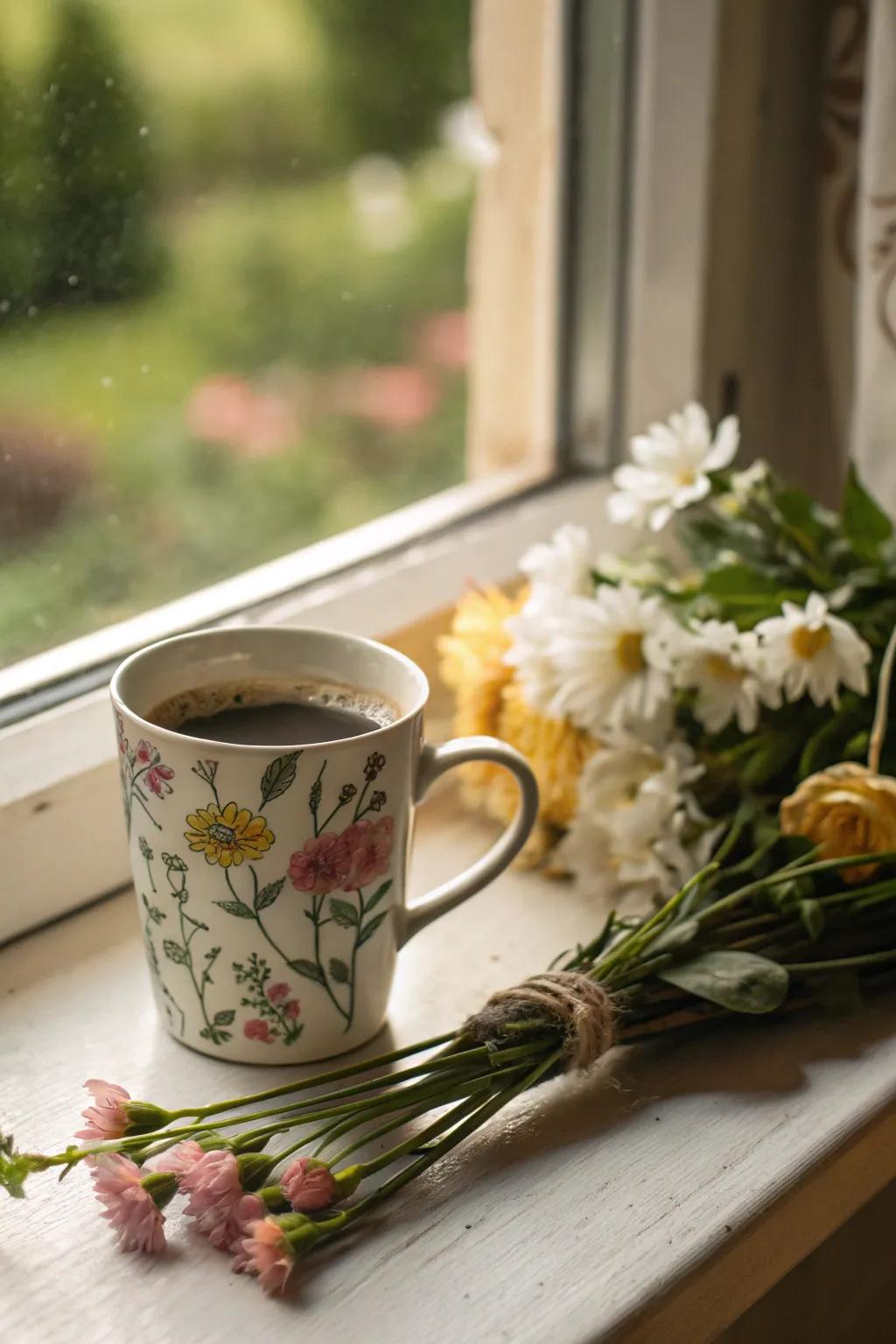 Embrace the beauty of nature with coffee cups adorned with botanical designs.