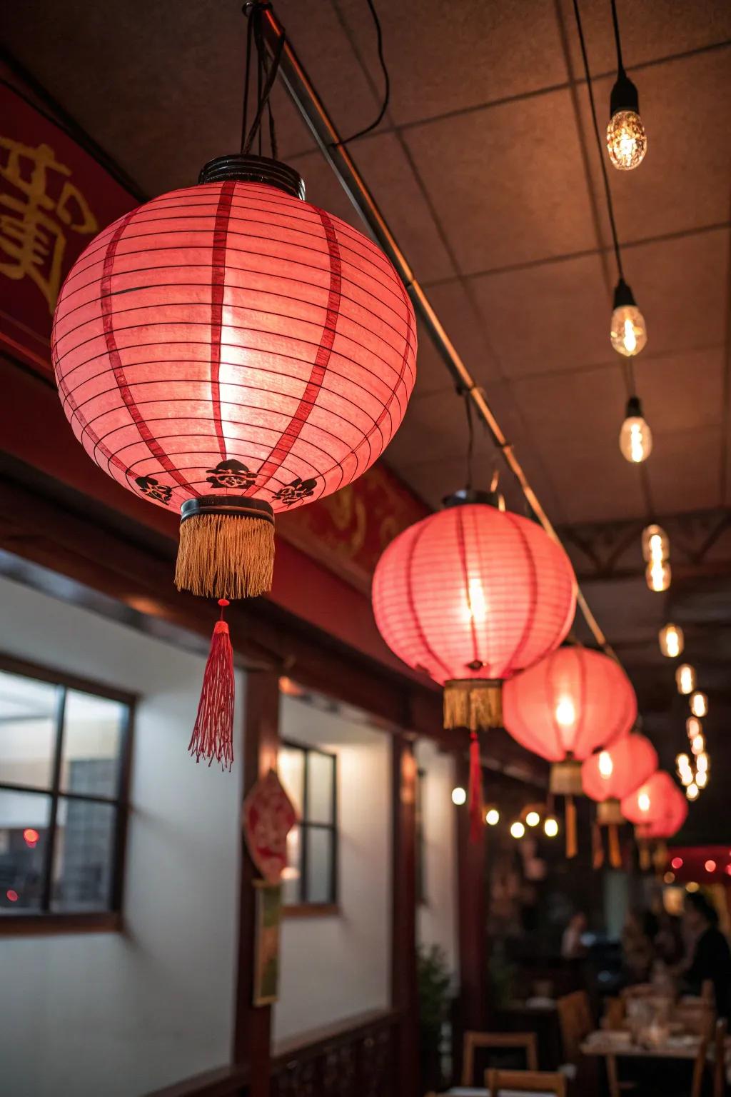 Red lanterns casting a warm, inviting glow at the party.