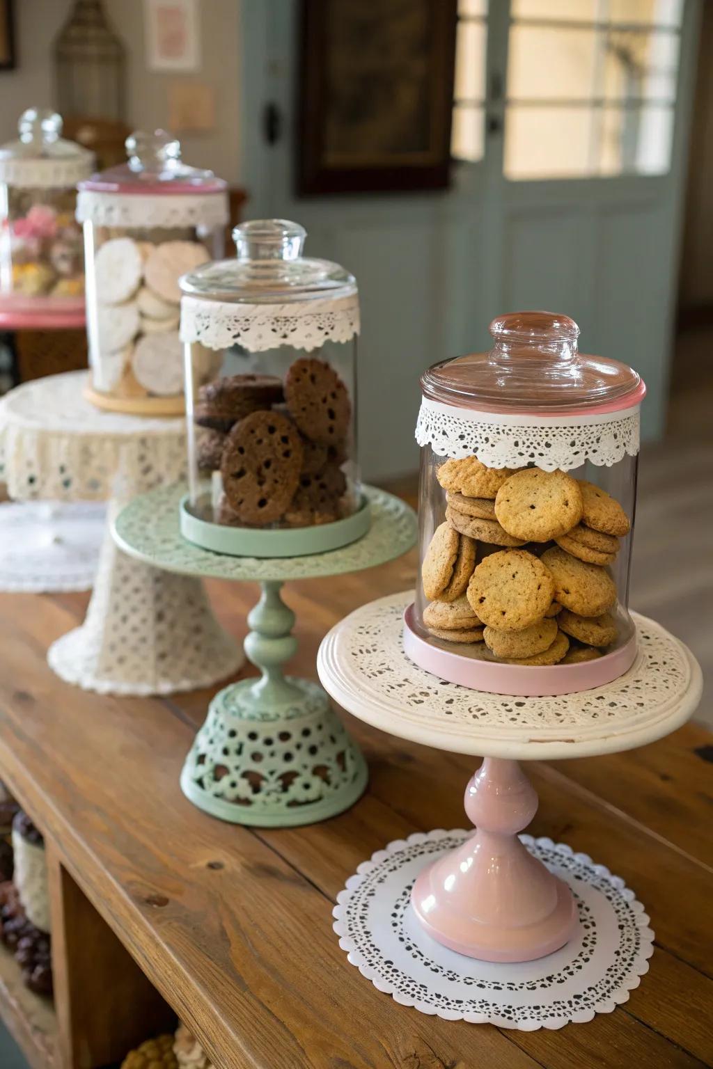 Vintage cake stands lend elegance to displays.