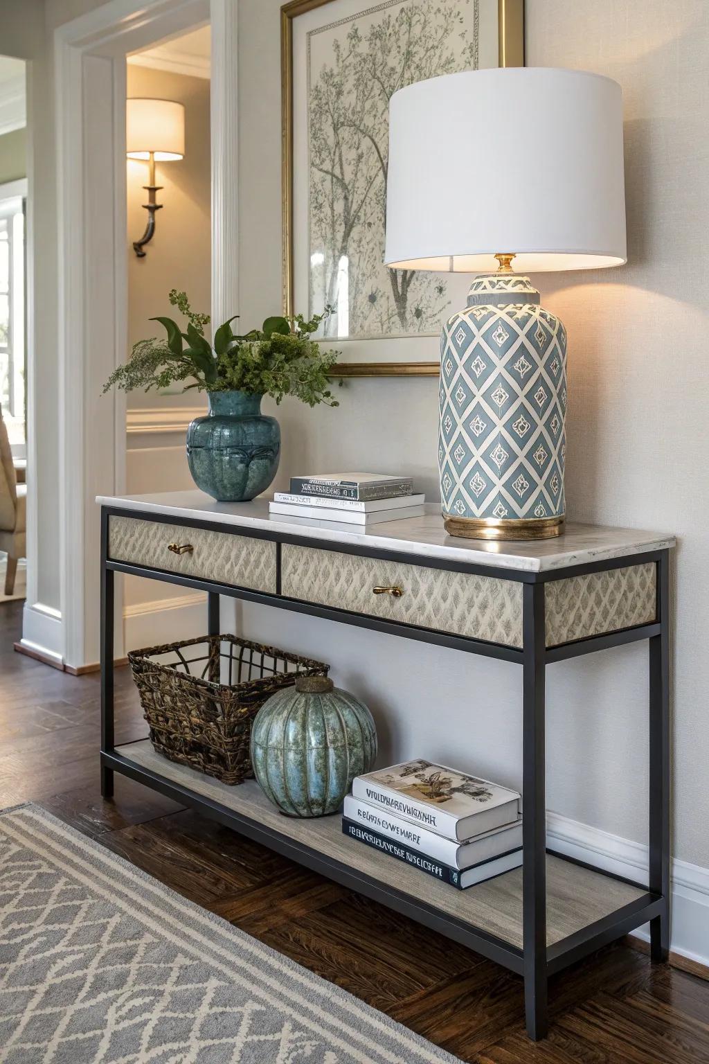 Enhance corners with a sleek console table for storage and style.