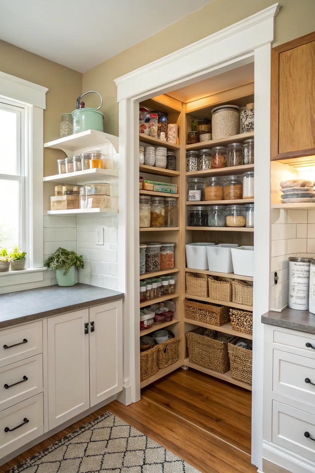 A compact corner pantry in a small kitchen.