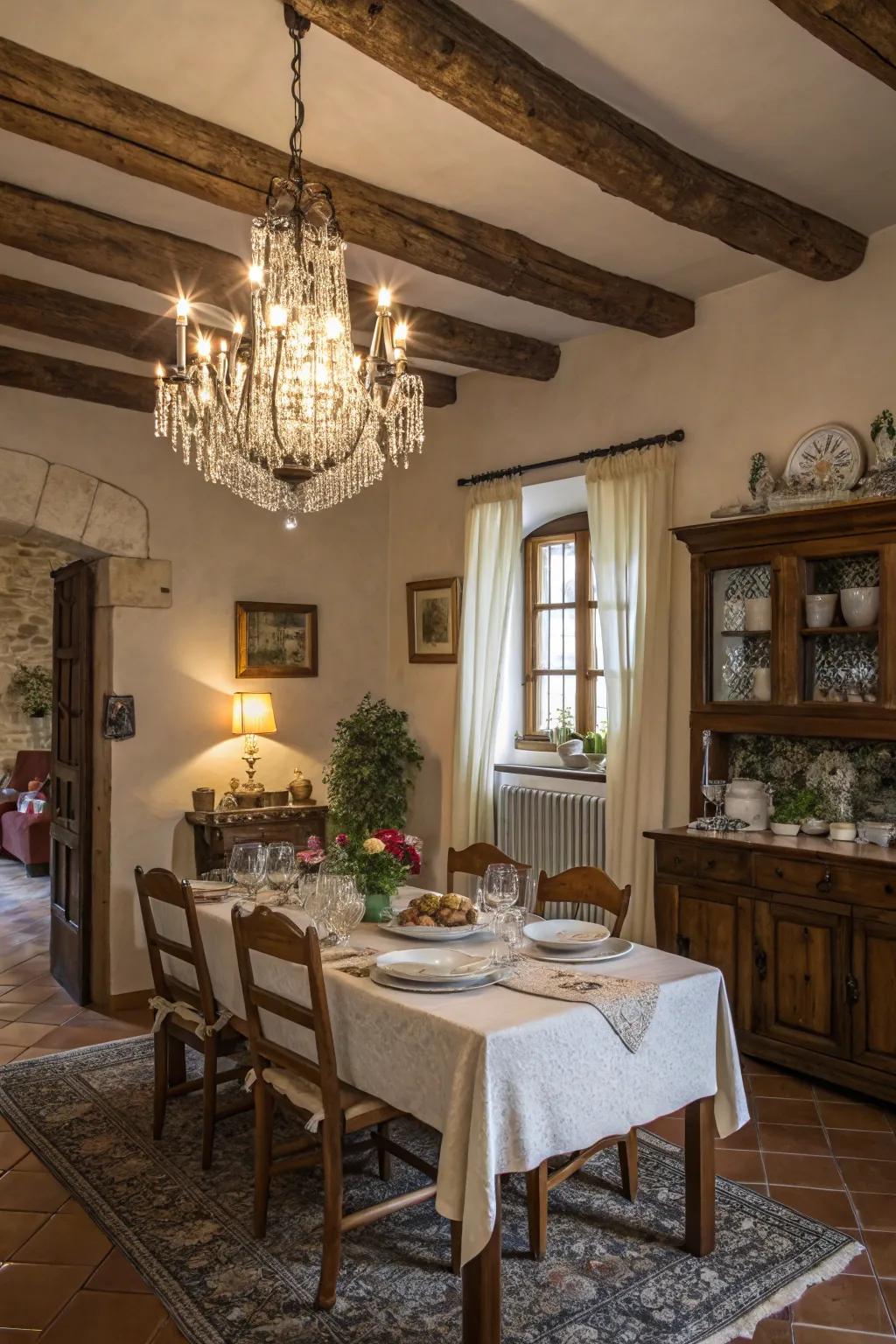A dining area featuring a chandelier that casts warm, soft lighting.