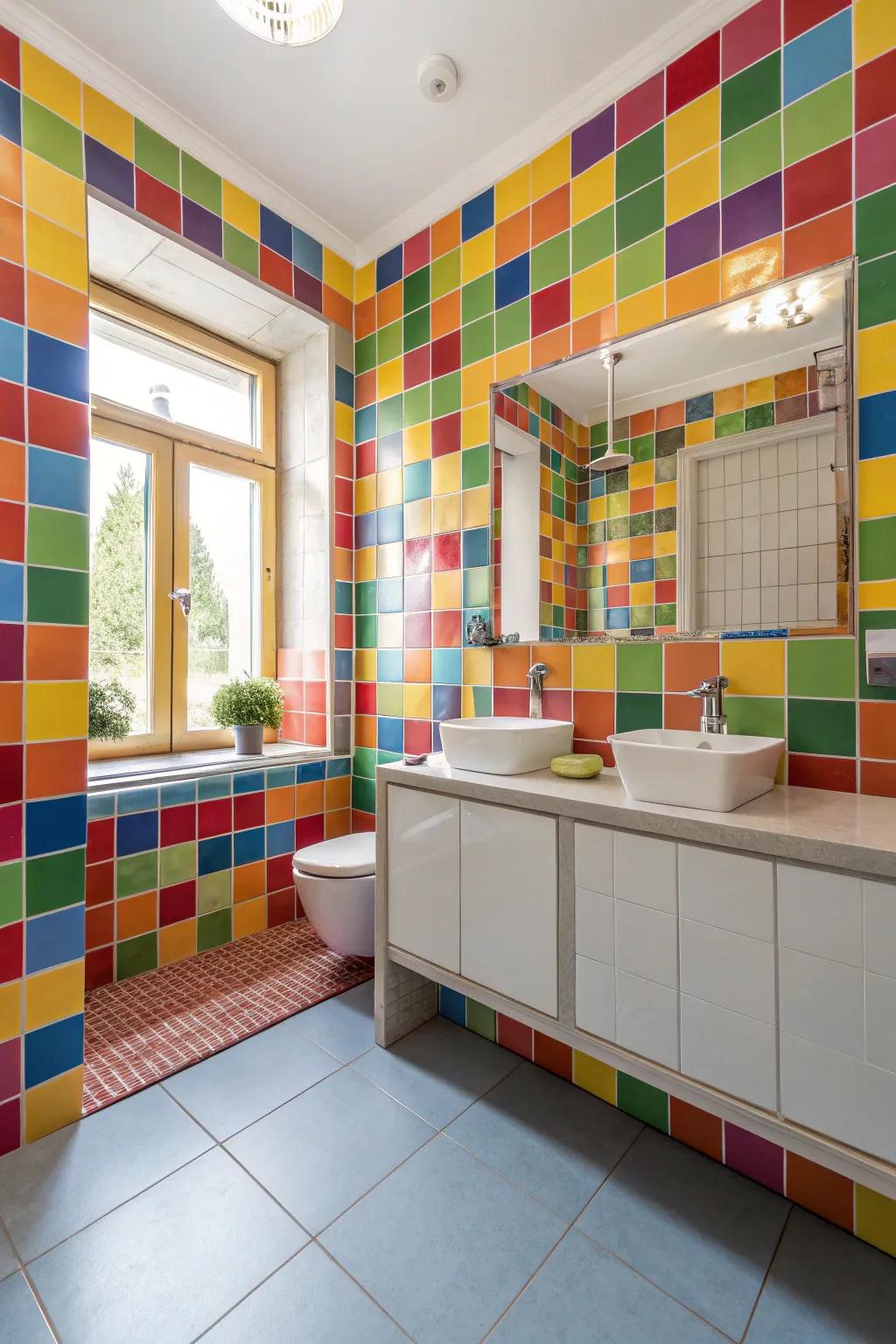 A bathroom featuring bright, multi-toned tiles that add dynamic energy.