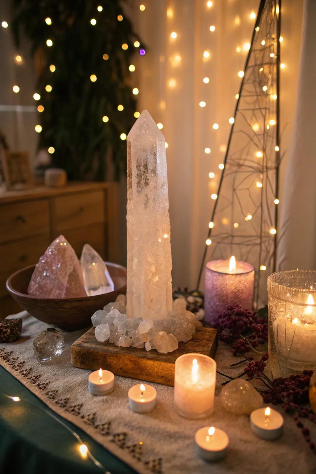 Warm lighting enhances the calming atmosphere of this altar.