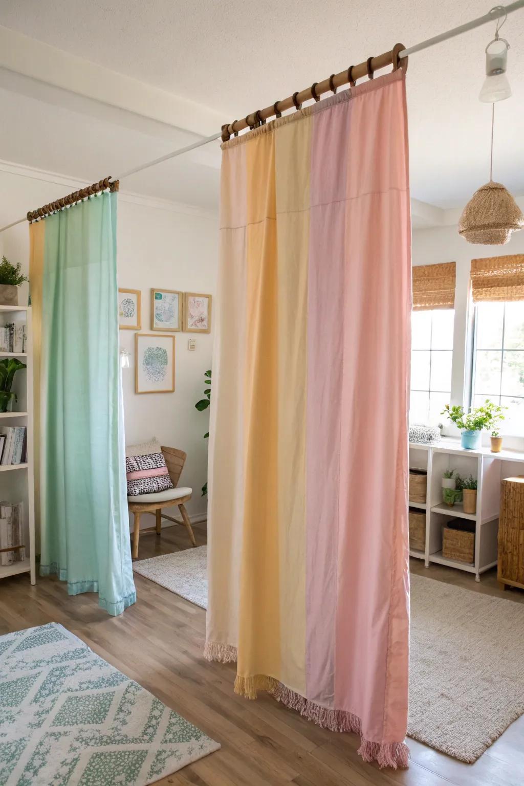 DIY curtain dividers add a personal creative touch.