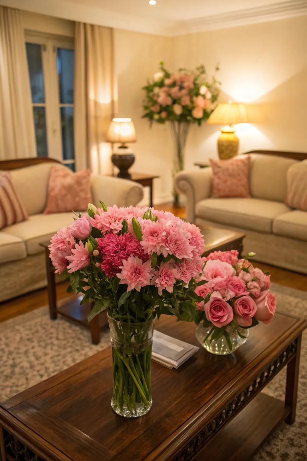 Rose floral decorations instill freshness and hue within the area.