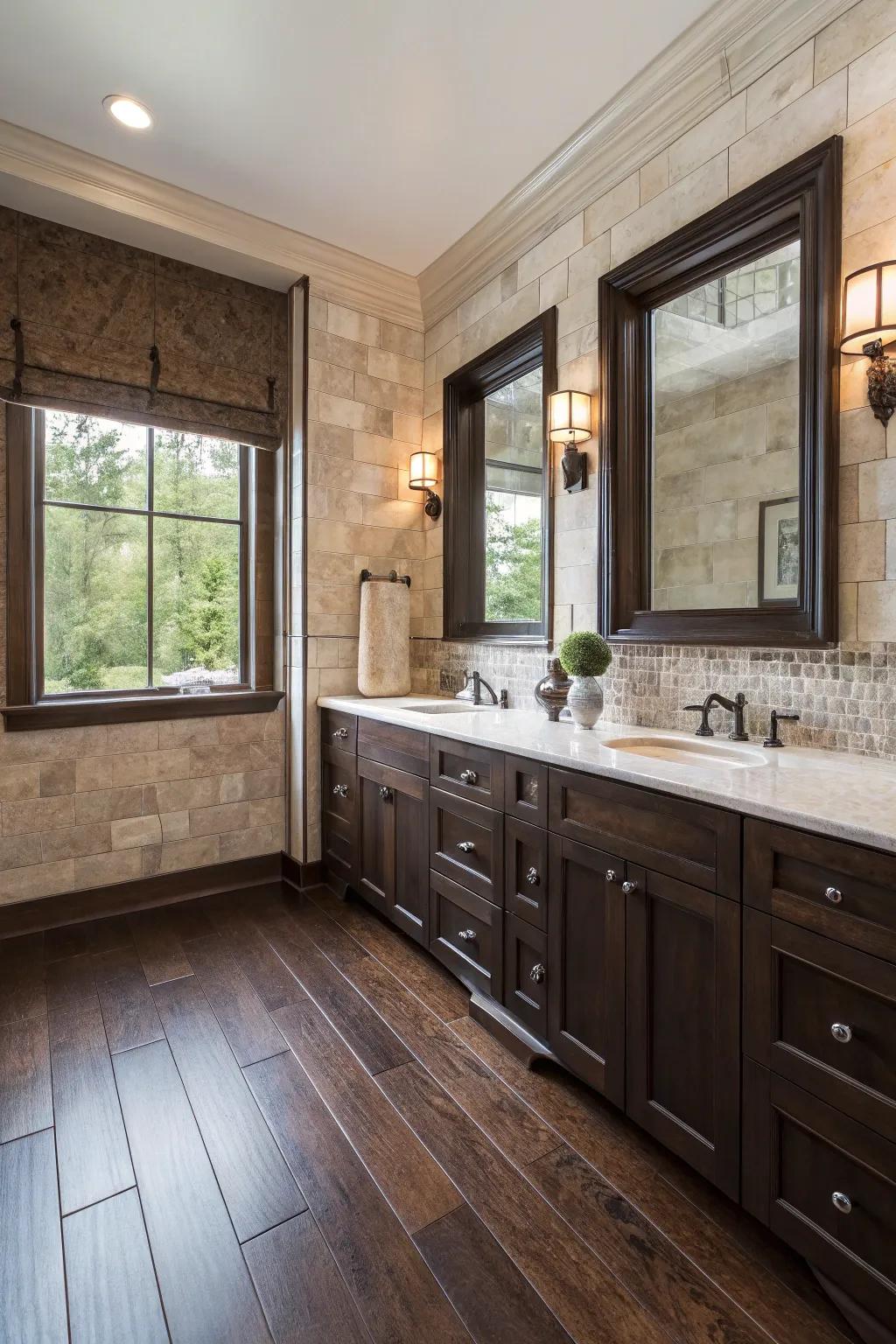 Natural elements like stone and plants enhance the calming vibe of dark wood.