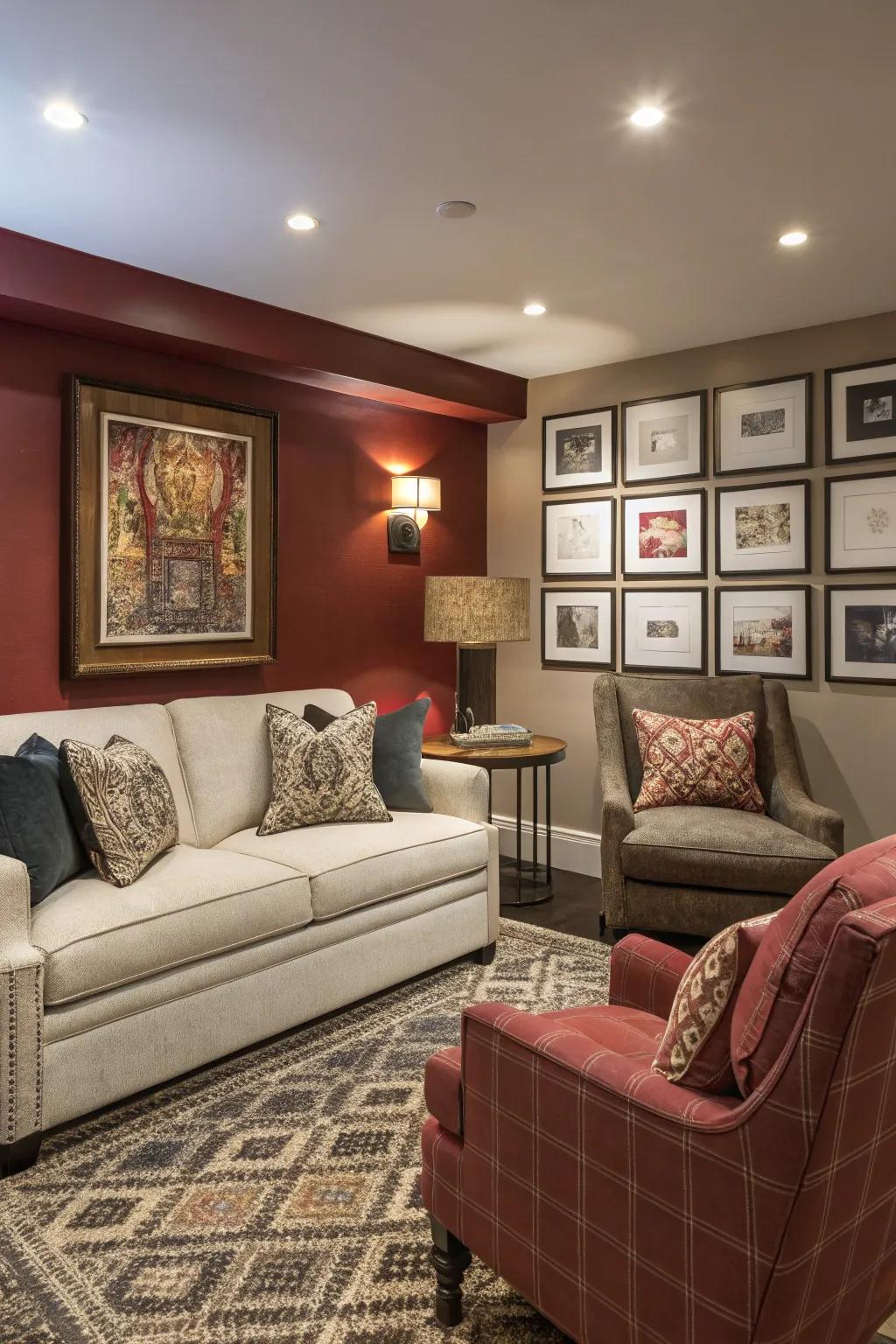 Accent walls and artwork add personality.